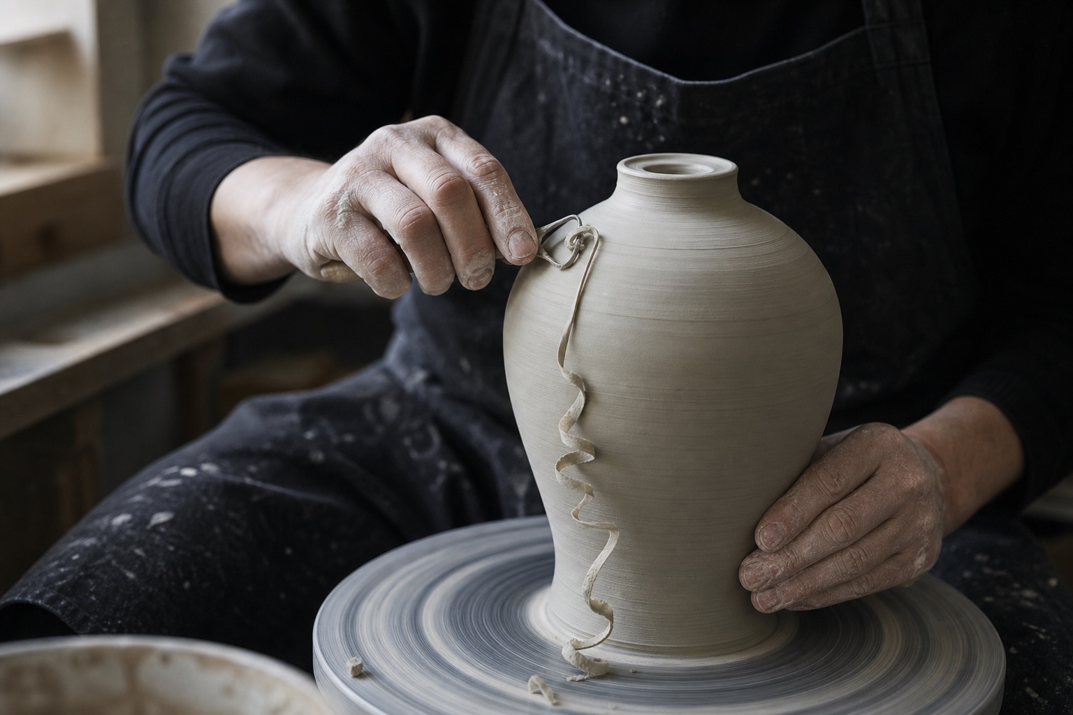 A potter's hands trimming a leather-hard porcelain meiping on the wheel, a ribbon of pale clay curling away from the tool